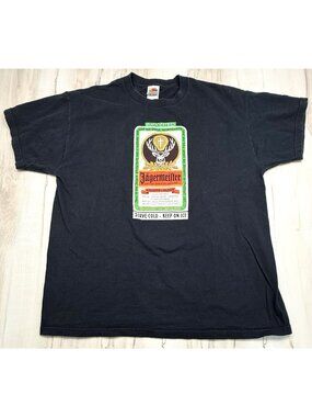 VTG Y2K FOTL Adult XL JAGERMEISTER Black S/S Graphic T-SHIRT Liquor Alcohol EUC